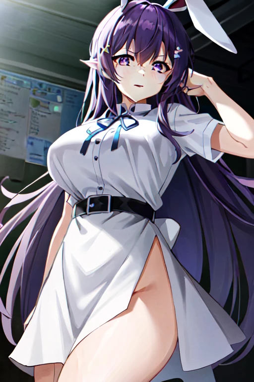 zero two, darling in the franxx, 1girl, water eyes, bangs, blunt bangs, medium breasts, closed mouth, cowboy shot, hair band, horns, leaning forward, long hair, looking at the viewer, tie, oni horns, orange tie, dark blue hair, red horns, smile, solo, standing, straight, cyberpunk background, white hair band, military clothing, best quality, detailed eye, detailed PNG, purple eyes, hinata as zero two