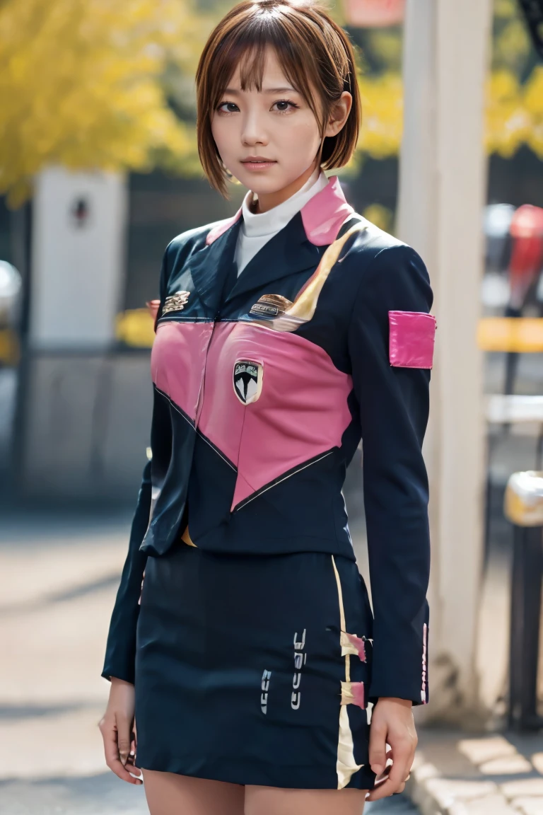 Koume Deka, fingerless gloves,Armband,short hair, Long sleeve,Jacket,pencil skirt,boots,uniform, skirt, Brown eyes, gloves, (high quality, Breathtakingly beautiful),(Expressive eyes, Perfect Face), ((Sexy lips)), woman, Brown Hair, , Blue colored eyes, A kind smile, Medium length hair, ponytail, elegant, Soft Makeup,Big ,Perfect hands, Perfect Anatomy),