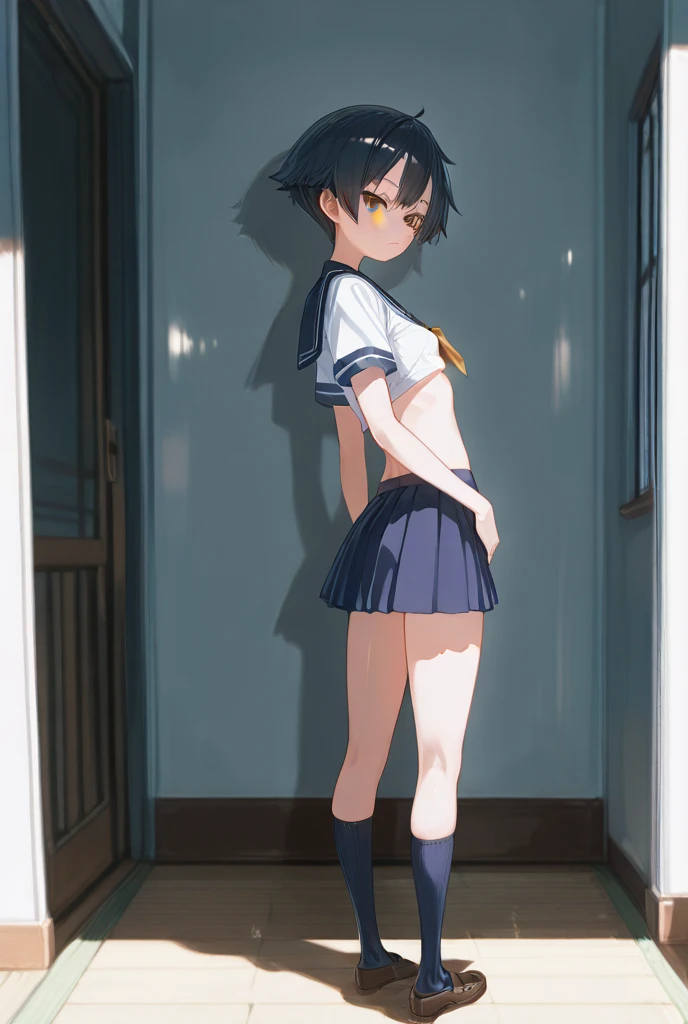 Sisters, ages 17 and 10、Hands tied、Urine-soaked underwear、Peeing on your own、Standing、Surrounded by students、Watery eye