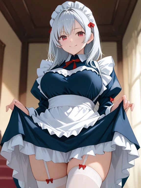 Yukinecris、One person、solo、Long Hair、chest、Staring at the audience、blush、Open your mouth、Big Breasts、Knee socks、Hold、chestの谷間、Twin tails、stand、Purple Eyes、clavicle、Ahoge、Gray Hair、Frills、Shiny、indoor、apron、Shiny Hair、白いKnee socks、cup、Shiny skin、Maid's Headdress、低いTwin tails、Embarrassing、Scrunchie、cover、裸apron、Light purple hair、Cup、tray、wine glass、trayを持つ