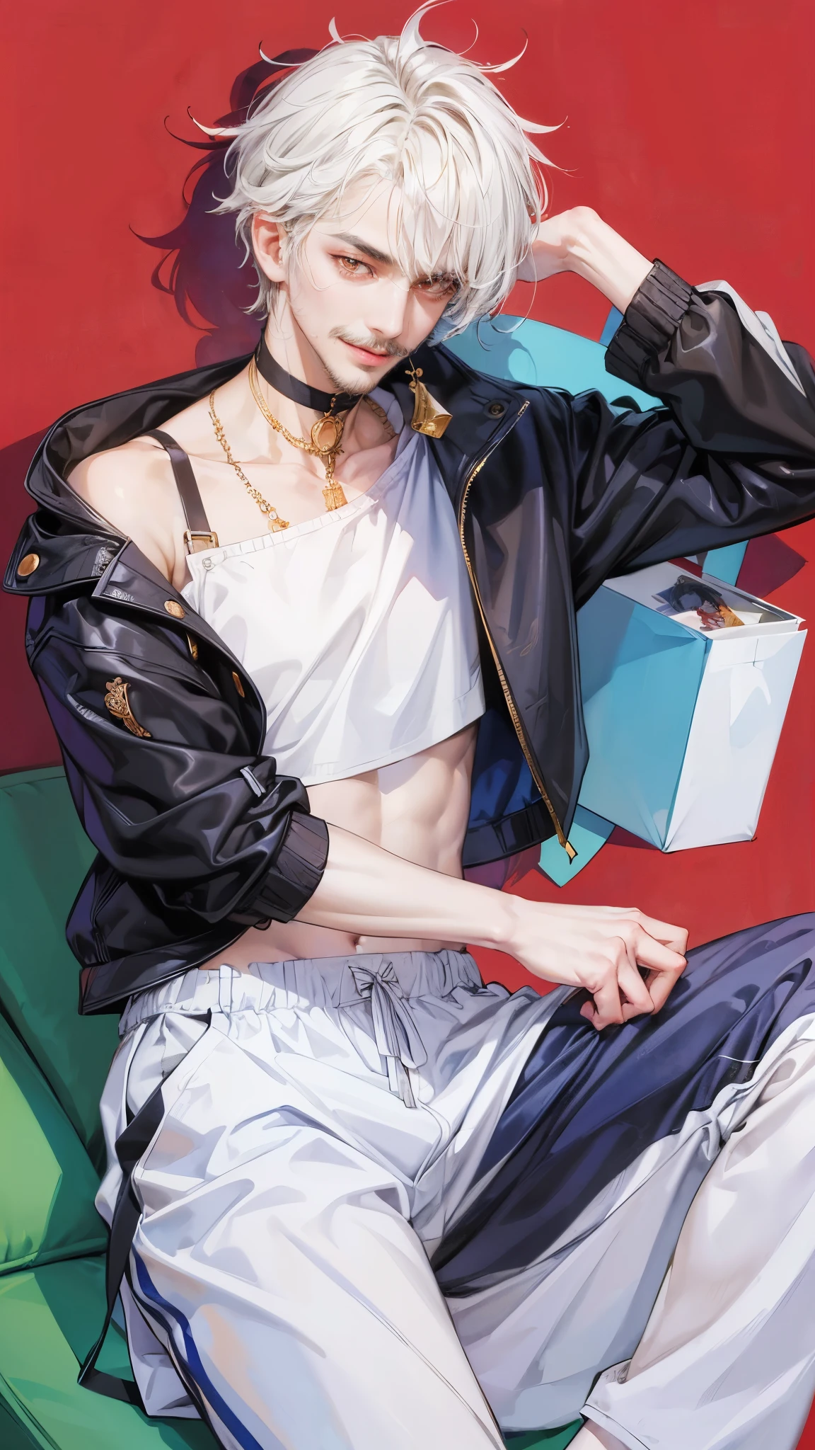 Punk guy, belts, chains, piercing, pastel yellow hair with pink highlights, Colorful prints on clothes, Faithful loose pants, берцы, hooligan, Blue eyes, simple background