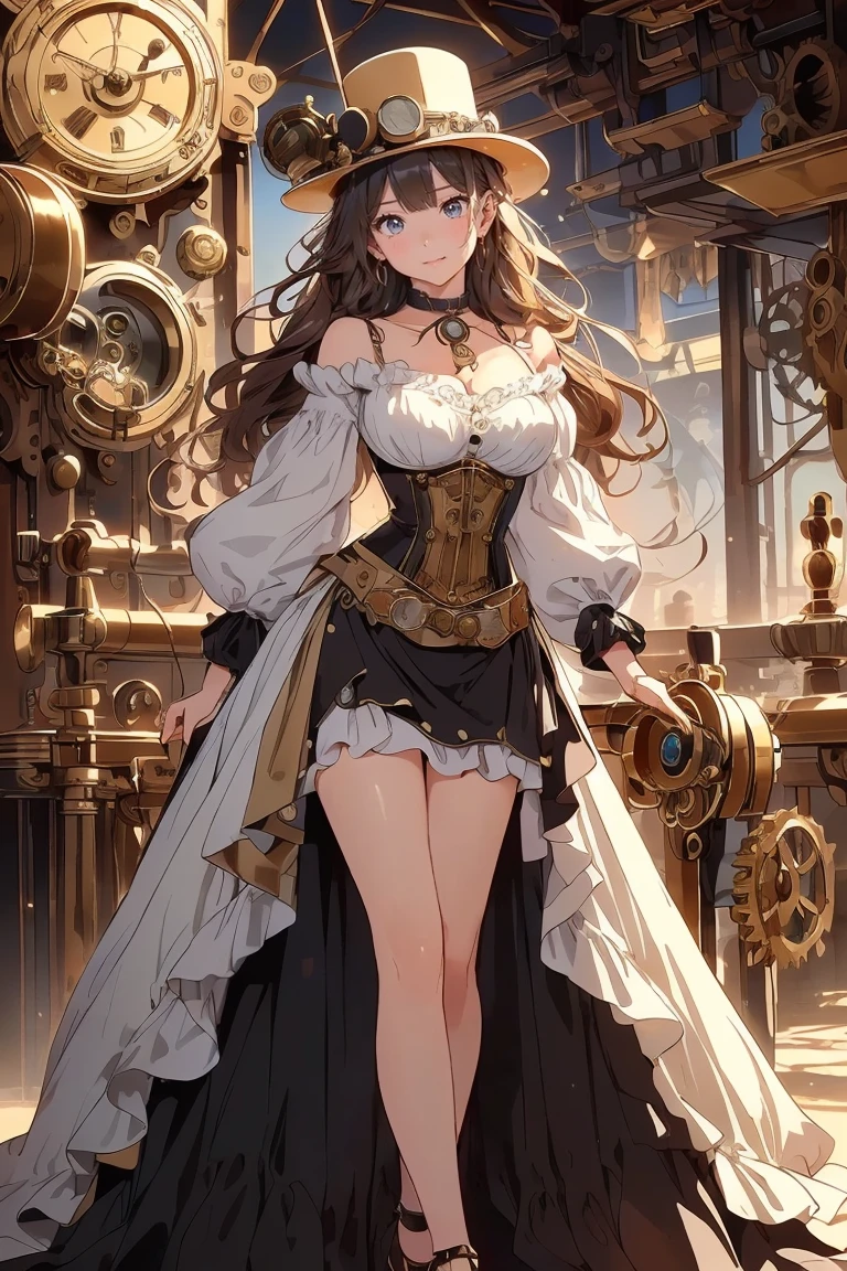 Steampunk, a lovely woman (elegant dress ??????? over exposed, SFW) and her (pug themed steam powered servant) pilot a (hot air steamship) draped with flowers and hearts