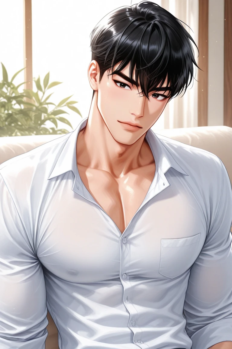 One boy, Face Focus, Adult, sexy, highest quality, employment, Detailed face, office, Building seen from the window, Detailed Background, Diffused sunlight, Written boundary depth, Bokeh、(Very cramped clothes、Very saggy pectoral muscles、Huge and very heavy pectoral muscles:1.3)、hentai、BL、Boys Love、Muchimuchi、Blue Y-shirt、Salaryman、Attractive face、A man with a cute expression、plump, Sensual lips、Sensual look、Korean Man、The shirt is buttoned、tie、Hairstyles that expose the forehead、Big eyes、Inverted triangle face、Pressing her breasts against a junior male