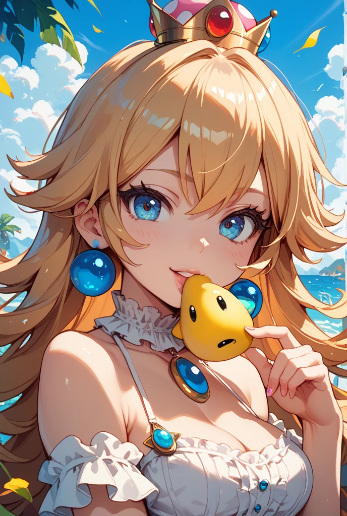 close-up of a woman in a yellow dress with a ribbon and a yellow hat, wearing a blue butterfly necklace, official artwork, fashion gameplay screenshot, portrait of a royal princess, Hero Guinevere mobile legends bang bang, beautiful and graceful Guinevere skin summer summer sky, brigitte from overwatch Anime