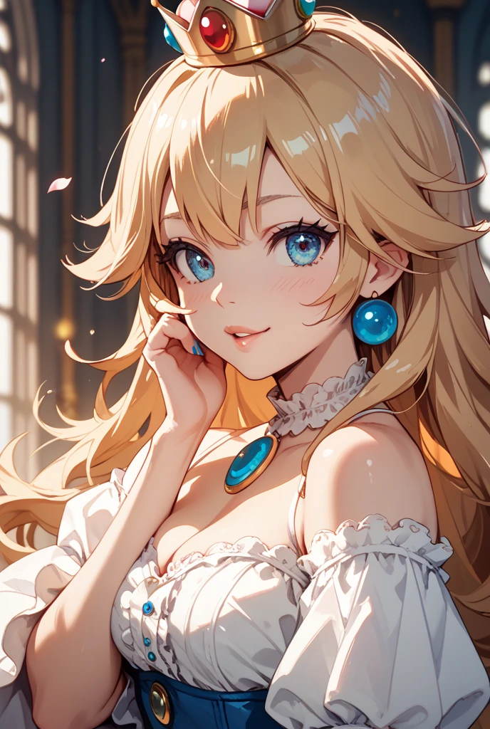 ((最high quality, 8K, masterpiece: 1.3, Ultra HD, high quality, 最high quality, High resolution, realism)) 、A 22-year-old extremely beautiful white woman、Hair color blonde、blue eyeedium Hair、Straight Hair、smile、Slender but well-proportioned body、Background blur((depth of field))、aerial perspective((atmospheric perspective))、I want my head to stay off screen、Wearing accessories on the wrist、Put an anklet on your ankle、Wearing red nail polish、I have a peticure、Disney((Disney))Tangled、Blonde long hair、Wear an off-the-shoulder dress、smile
 sultry look, seductive,
