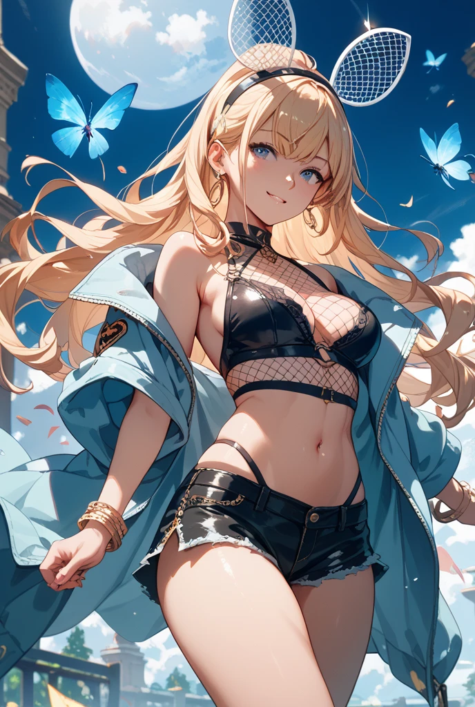 最high quality、best image quality、masterpiece、teenage girl((18-year-old、 By becoming、vest bust、medium bust,wide open breast tea、black eye, blonde hair、Habitual hair、long hair、thin,highest valley、blue shorts、attractive face、heart tattoo、black aloha shirt、sweating、like、Sleep on the ground、hair blowing in the wind)),high quality、beautiful art、background((Hawaii、Waikiki、Palm tree、beach、sunset))debris flies、Depth of written boundary、movie、visual art、perfect art、8K,genuine