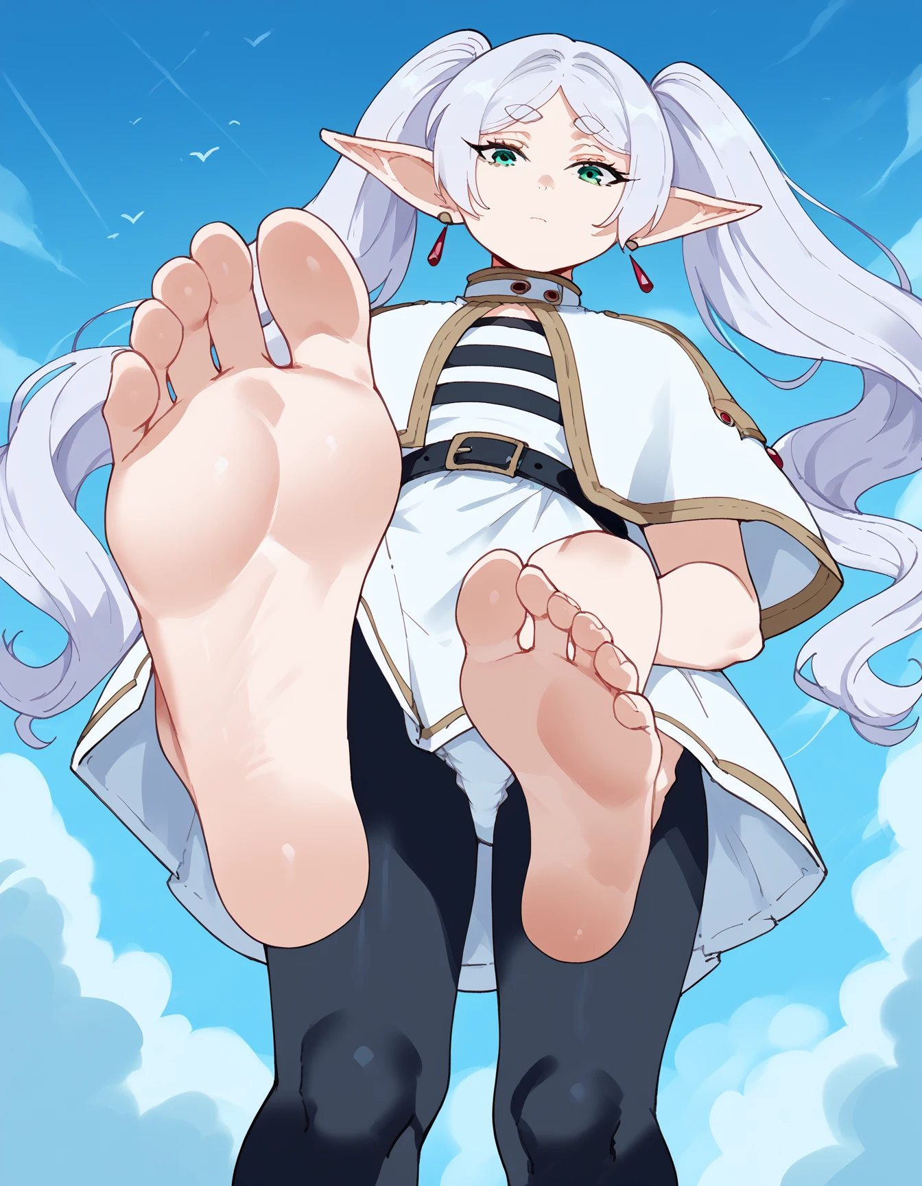 ((masterpiece, best quality)), high resolution,ultra detailed,8k,16k,detailed background, perfect lighting,detailed beautiful eyes,1girl,solo,embarrassed,blush, look at viewer,steam,sweat,(cum on foot:1.2),(footjob,step penis:1.4),spread legs,sitting,seductive smile,fisheye lens,(pov:1.4),1boy,1penis,provocative eyes,aroused ,from below,from fron,
,(short_stature,kawaii,small breast),wz_sousou_no_frieren_style, twintails, very long hair, silver hair, pointy ears, elf,green eyes,earrings,forehead
