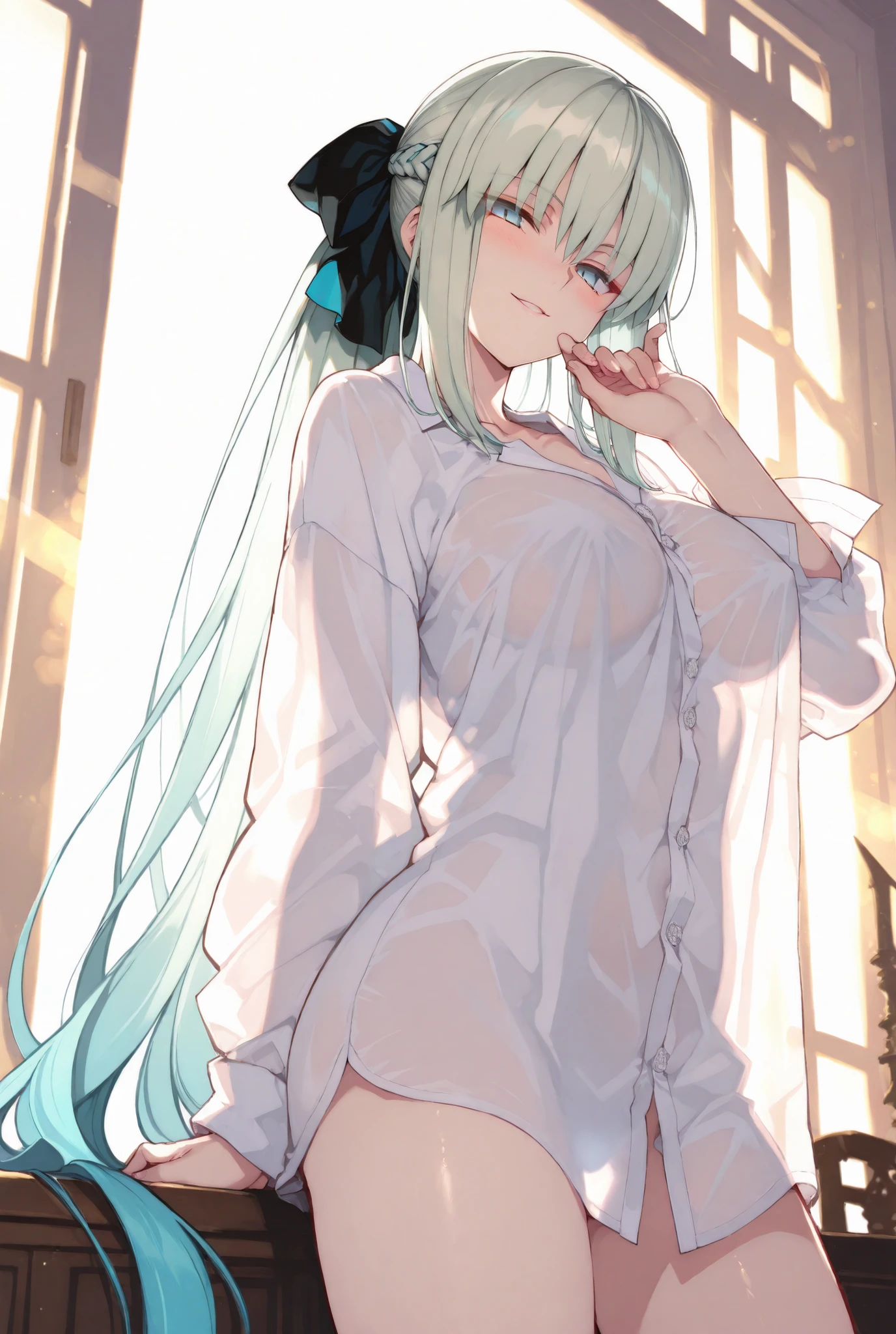 index, index, (green eyes:1.5), silver hair, long hair, (flat chest:1.2),happy smile, smile, open your mouth,open shirt, oversized shirt, oversized clothes,black string underwear, barefoot,barefoot,Transparent silhouette, see-through shirt, arm behind head, Sitting on the bed,morning,morning日,the sun is rising,
break looking at viewer, Upper body, whole body,
break indoors, Bedroom,
break (masterpiece:1.2), highest quality, High resolution, unity 8k wallpaper, (figure:0.8), (detailed and beautiful eyes:1.6), highly detailed face, perfect lighting, Very detailed CG, (perfect hands, perfect anatomy),