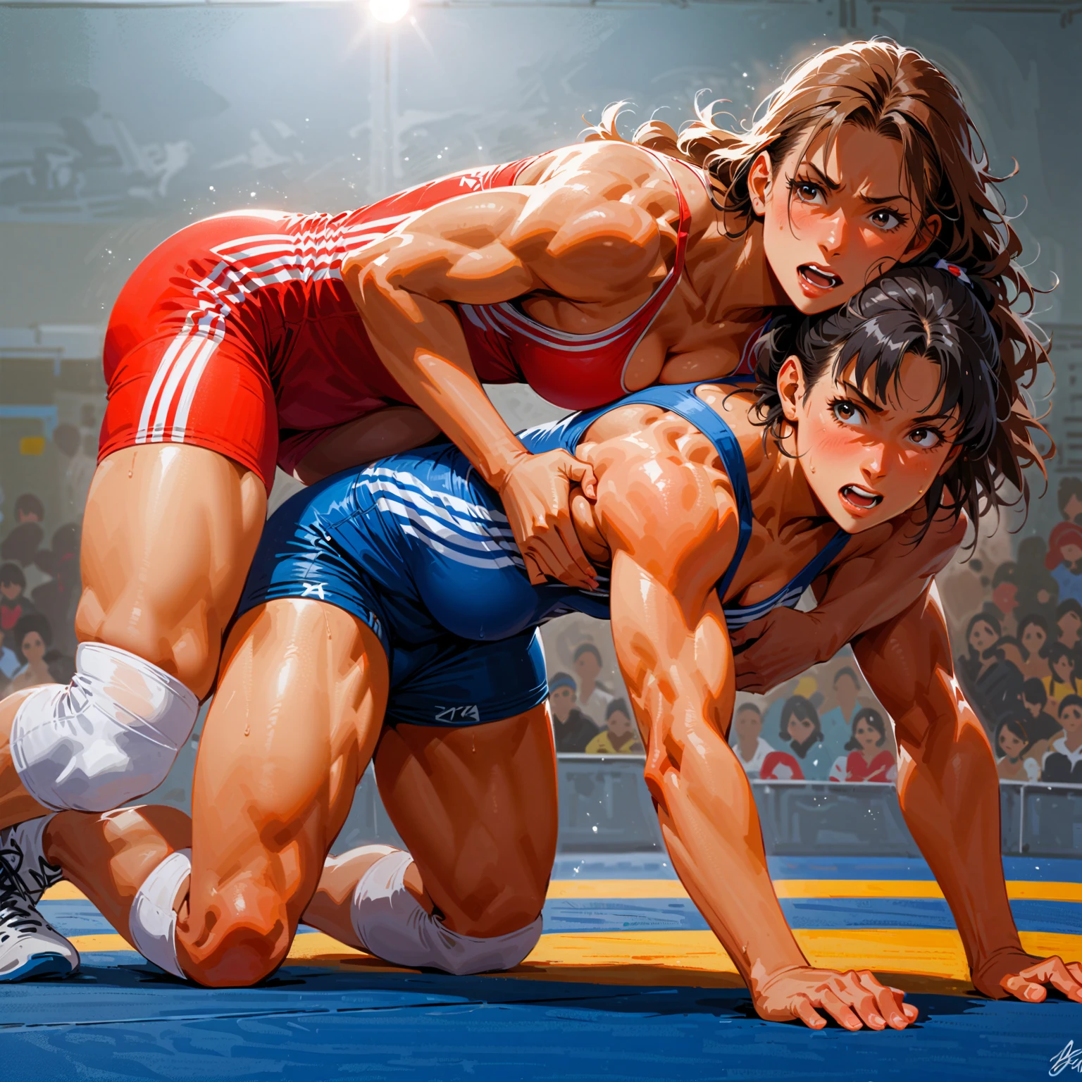 Two Woman freestyle wrestlers, sweaty , European faces, angry fight on knees, singlets, chocolate skin, one stay on all fours