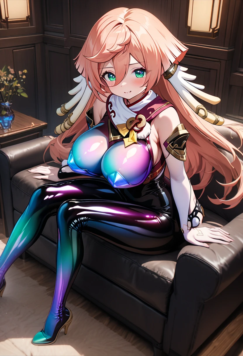 1 confident woman with floor-length pink hair, huge and big breasts, Futuristic royal costume in white with black and gold details, tall woman, blue detailed eyes, sitting on throne of skulls , judgmental look, golden metal skulls, sovereign pose, cyberpunk queen