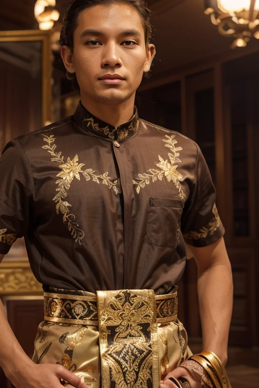 (best quality: 1.5, Exaggerated: 1.5, realistic: 1.4, Incredibly detailed 8k CG wallpaper.: 1.5, Masterpiece: 1.3, Enthusiastic detailed photos: 1.2), (Exaggerated realistic texture: 1.4), Highly detailed, (Masterpiece, best quality), Extremely detailed 8K wallpapers, Thai man, (ผู้Thai manหน้าเหมือนไอดอลเคป็อป), 20 years old, handsome, Thailand national costume, Show your upper body.,