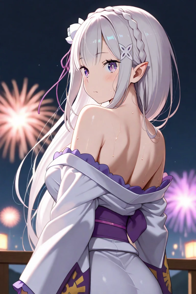 ancient stone jewelry/(Holographic live broadcast/),ridiculous resolution, high resolution, (masterpiece: 1.4), super detailed, (1 female: 1.3), (alone: 1.4), Fireworks super detailed illustration, bright colors, movie lighting, Exciting light production, Attention to detail, bright colors, hairpin, kimono, Large side breasts, looking back, happy, Smile, from below,