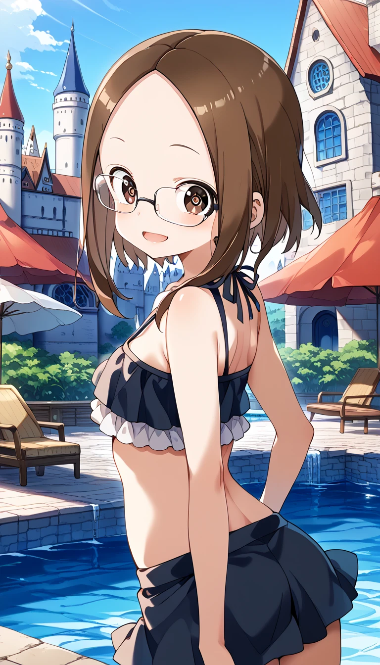 (masutepiece, Best Quality, Capture super cute moments, depth of fields, ultra-detailliert, Ultra High Resolution, C4D, Octadale, 3D Modeling, 8K, 16 K, girl with、a junior high school student、A dark-haired、short-hair、straight haired、Light brown eyes、hair adornments、wearing black glasses、cute face)、Pink and white bikini、Wrap a pareo around your waist、kawaii pose