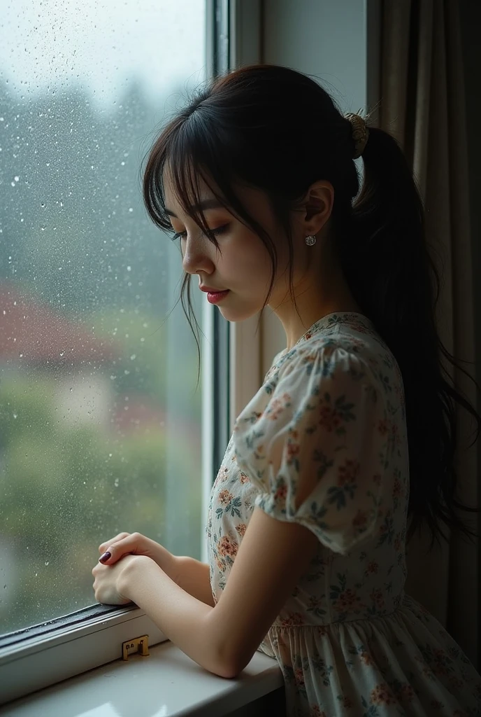 Masterpiece,Best quality,offcial art,Extremely detailed CG unified 8K wallpaper, (hdr:1.4), (A masterpiece of photography),(真实感), (pastel colour, dim colors, soothing tones:1.3), (Natural skin texture, hyper photorealism, Soft light, Sharp),(Extremely detailed), Professional lighting, Radio City,((1girll,20yr old,Fell asleep on the windowsill,Heavy rain late at night)), inside bedroom,Cold light,Best quality, Lots of details, Masterpiece, Ultra-detailed, illustration, Extremely delicate and beautiful girl, 8K_the wallpaper,Beautiful detailed girl
