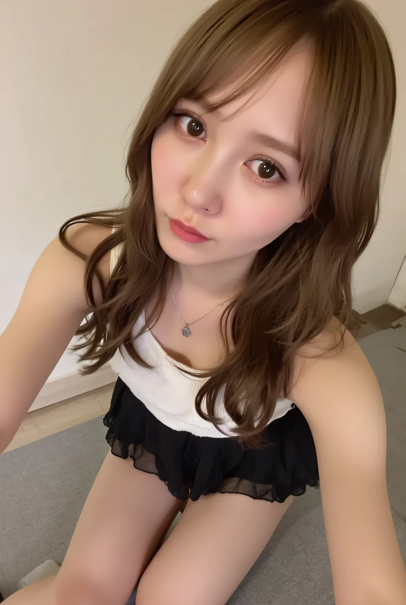 light brown long hair in pink sheets , Big Breasts, Beautiful 22 year old woman , body without protruding ribs ,curvy body, beautiful buttocks, beautiful skin,full body,( standing with her shins on the ground ), floating near Vista Muy,(( It is facing the viewer who took the picture )), expression is smiling and bright、white sleeveless、black miniskirt from above anguish、Black garter stockings、 dim apartment room sitting on a mattress、