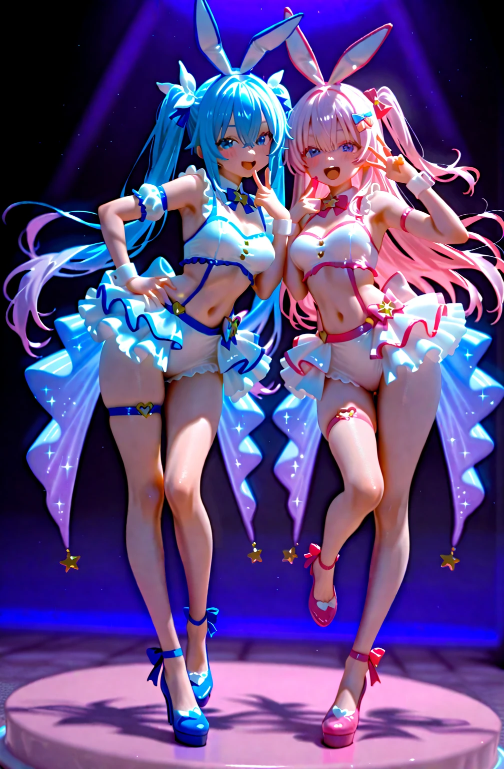 ((masterpiece、Highest quality、Official Art))、PRAYER、Anime Key Media、Idol Concert、Concert Stage、(3人のcute naked girls、Big eyes、Baby Face、:1.5、smile、sing、dance、Ribbon headband、Ultra mini skirt:1.2、Japanese style idol costume:1.2 )、Exposing the breasts、Hair of different colorr.々Hair style、(((Full nudity、Pussy、cute)))、(Sweat a lot、Glowing Skin)、Anime key visual, ((The characters are unique))