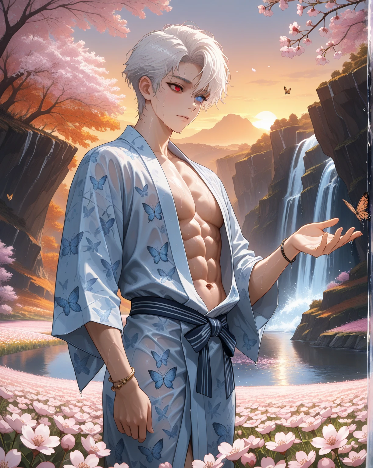 1 male, handsome Japanese male model, high resolution 4k, adult, perfect face, detailed eyes and face, muscular, white eyebrow hair, white eyelashes, Naked torso, Detailed face, perfect face, real skin texture, detail Perfect hand, details, Real and complete hand details, unreal engine, hd picture, satoru gojo, Jujutsu kaisen, white hair, short hair ,hair between eyes ,blue eyes, white skin, Rabbit ears