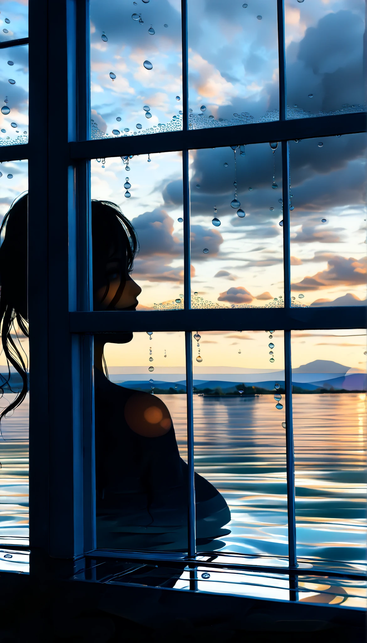 , score_9, score_8_up, score_7_up, 20 years old, 8k, high definiTion , beauTiful girl, (close up of Raindrops whisper through the window, Fantastic silhouette of the outside world seen through cloudy drops of water:2.0), best quality , HD Images, 16k, , very detailed, , delicate and dynamic, cute sexy girl, seductive, , back view of a beautiful busty Japanese woman in a kimono looking out of the rain through a window, (Raindrops passing through the window), Luxury hotel cafe,, glitter effect, silence, quiet,, Diffuse reflection of light, dark rainy sky, , glitter effect, People walking down the street without umbrellas in the rain, a fantastic scene in Kyoto