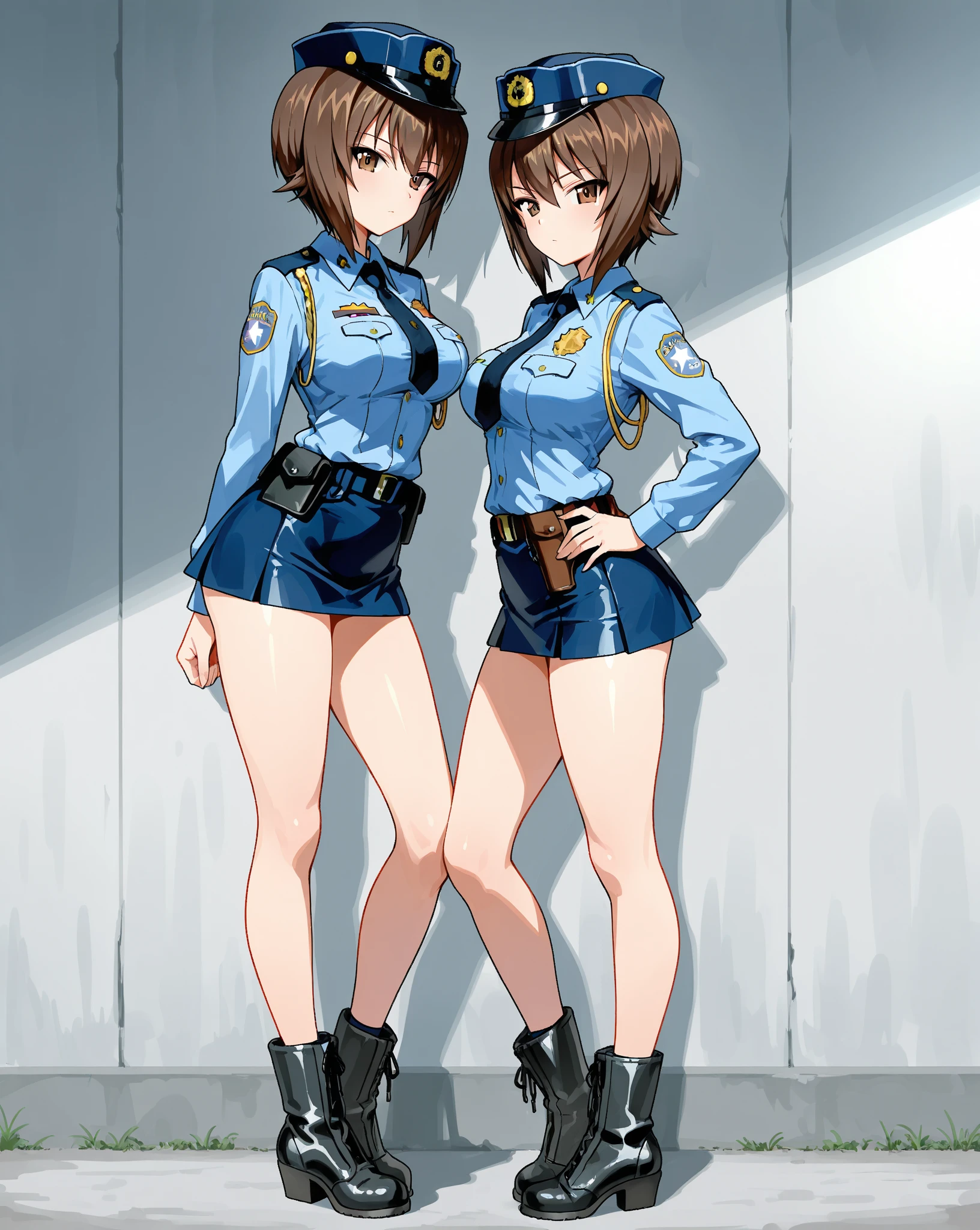Anime Style,Girl,policewoman,mini skirt,Black Hair、short hair,Large Breasts,Small waist,Big Ass,tall,