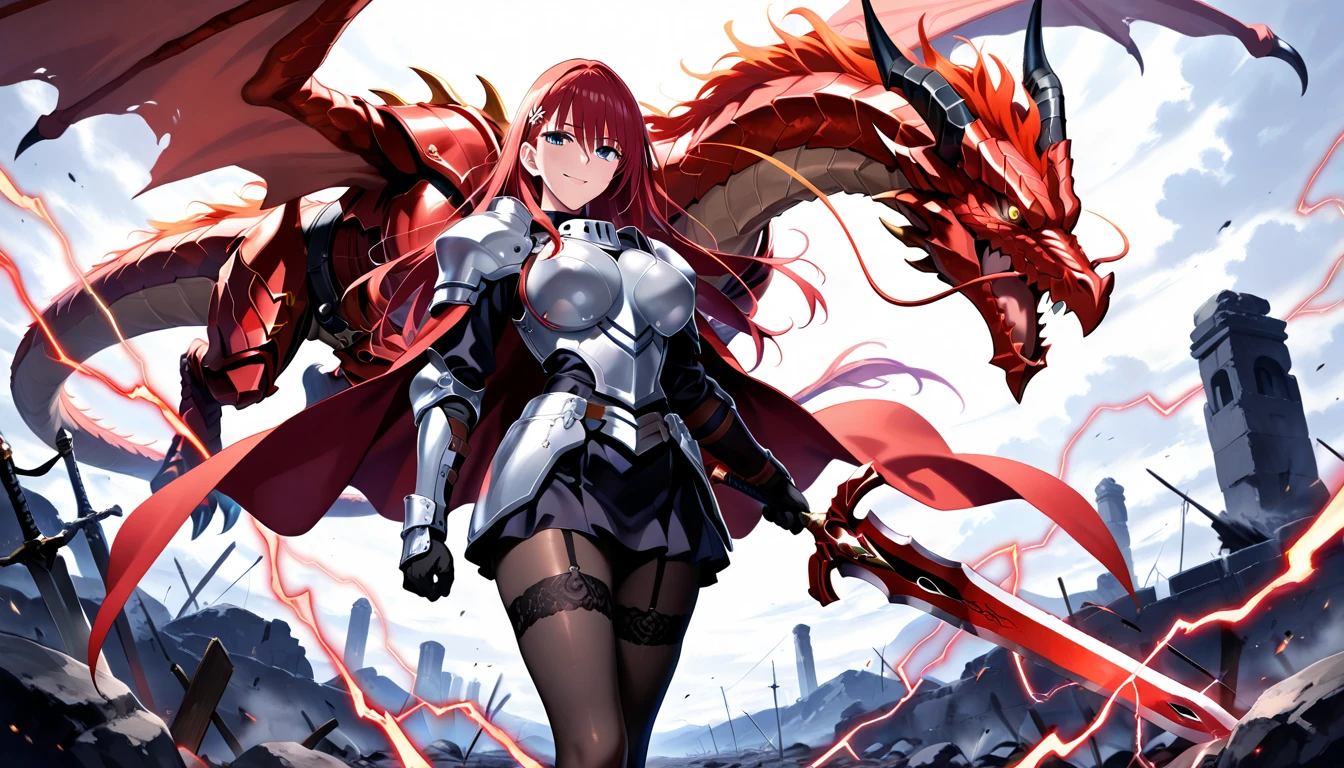 Masterpiece, very detailed, ultra detailed, one, (1 woman), athletic and embossed body, six pack abs, she is in futuristic red armor with bright black details, with a large and detailed spear, in a stable and fighting position, super mature, tall, mom, mature mother, long hair, straight hair and straight bangs, bright red hair, red demonic horns, beautiful, charming, blood red eyes, elegant, big breasts(huge), easy smile, charming, against the background of snow, ice and winter.