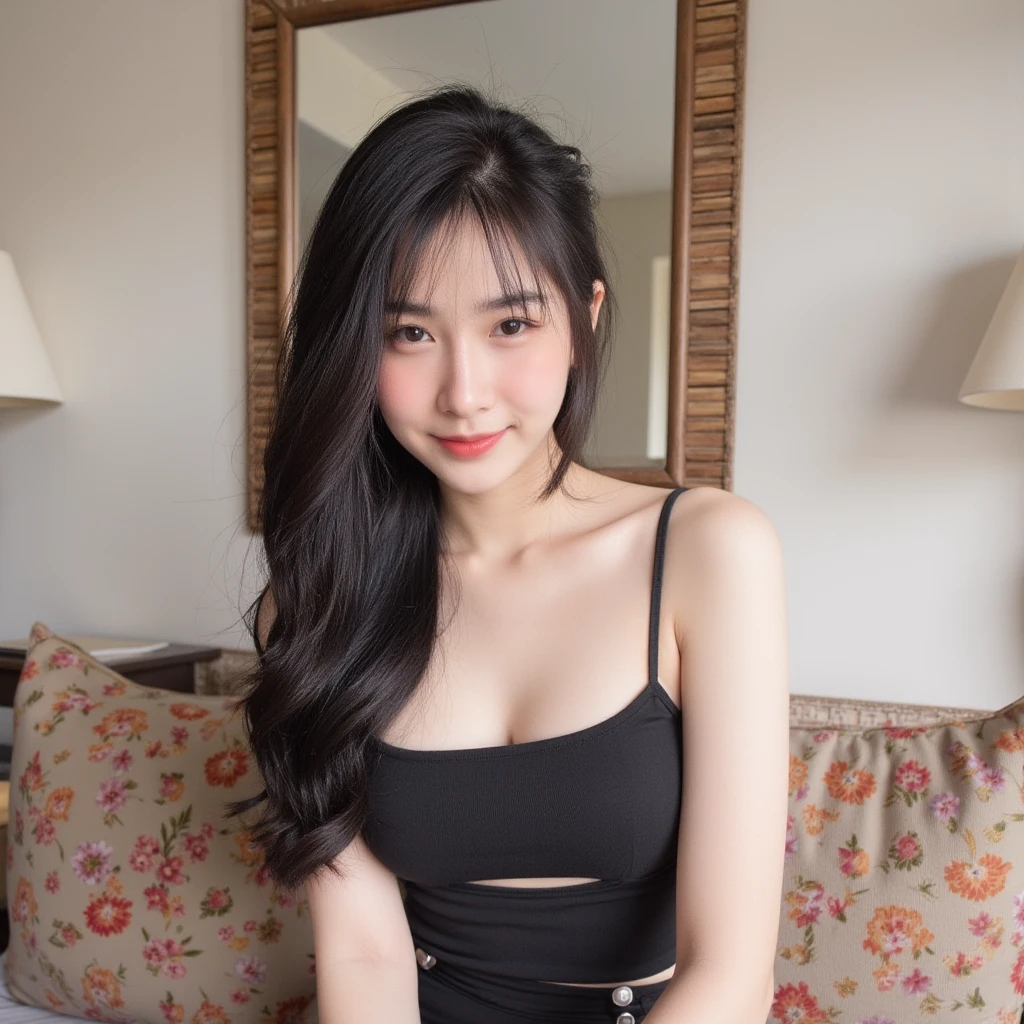 ((Best picture quality, 8K, tmasterpiece:1.3)), 1girll, Beautiful woman with slender abs:1.3, (Long black hairstyle, Leaky big breasts:1.2), See-through dresses:1.1, Ultra-fine face, A detailed eye, 二重まぶた，ssmile，