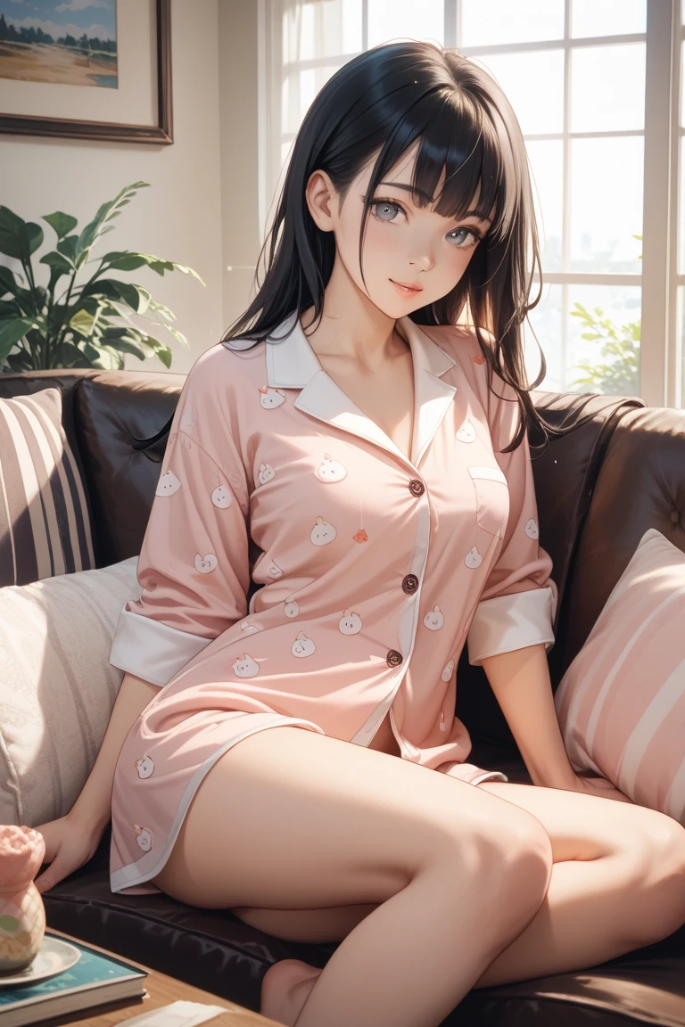 Adult female、Anime characters、Brown bob hair、black eye、blush、Embarrassed、Big round eyes、anime girl,smile,cute face,pajamas、bed、Sexy pose、HQ、high resolution、乱れたpajamas、Accentuate the chest、Touching the chest with hands、I can see your shoulders