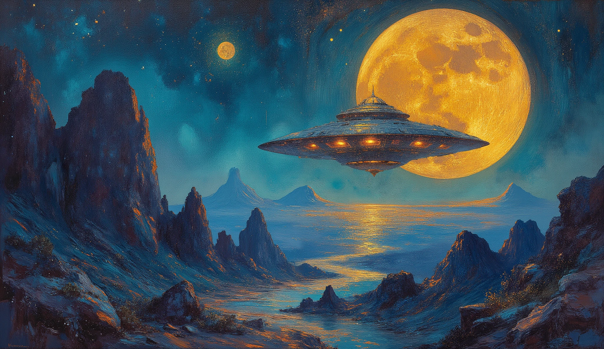 (best quality,8k,highres, masterpiece:1.2), (Impressionism:1.37),ultra-detailed, HDR, UHD, studio lighting, ultra-fine painting, sharp focus, physically-based rendering, extreme detail description, professional, bokeh, portraits, concept artists, dramatic lighting,A gigantic golden moon, a contrast of blue and gold, using only the two colors of blue and gold, a gigantic golden UFO landing on a blue plain.Impressionism