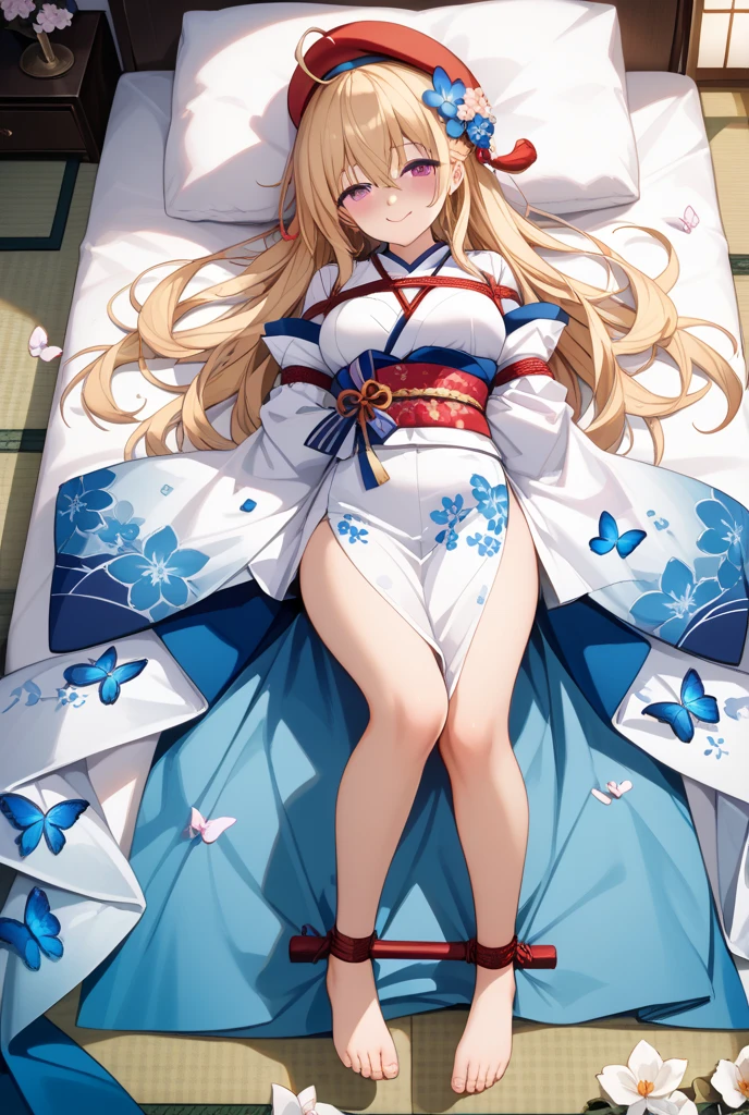 Highest quality、Large breasts、Open yukata、Japanese-style room、I can see your underwear、blush、Watching the audience、Mouth slightly open、Half-open eyes、Her chest is about to show、night、Embarrassed face、Lying down