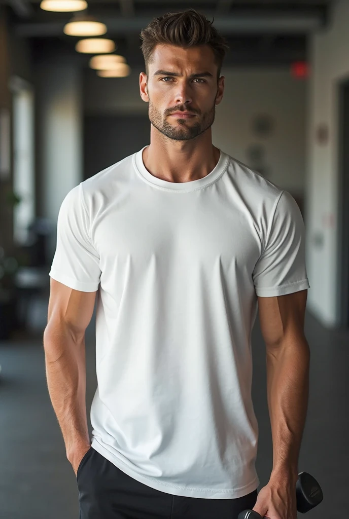 A muscular gym worker doctor, wore a half of his working white doctors suit, with heartbeat check, looking forward, full face view