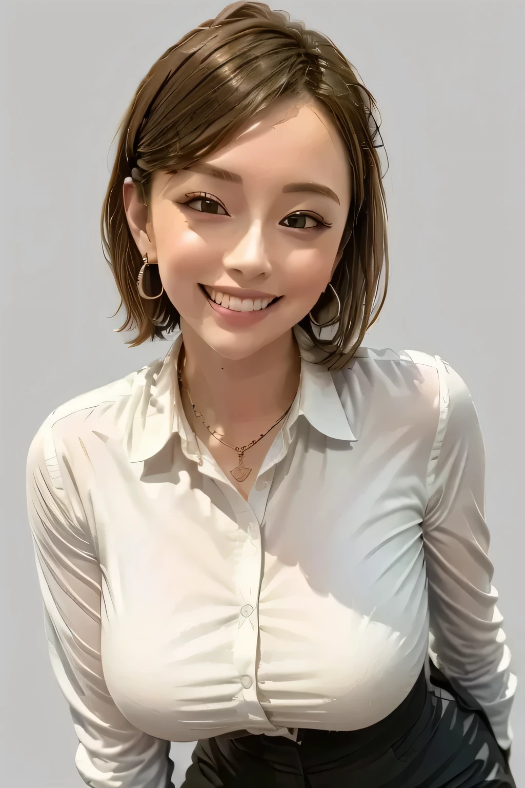 (best quality, masterpiece, formal, perfect lighting), accurate human body, knowledgeable people, (Shining skin, Realistic skin texture, beautiful skin details , growing skin), (1 girl), (Completely:1.2), grin, (well-groomed brunette bob hair), (shiny white collared shirt: 1.2), Shine, without earring, necklace, charming and perfect ratio, charming smile, fine surface texture, charming, wear tight mini skirt, Big Breasts, ((background: nothing white ))