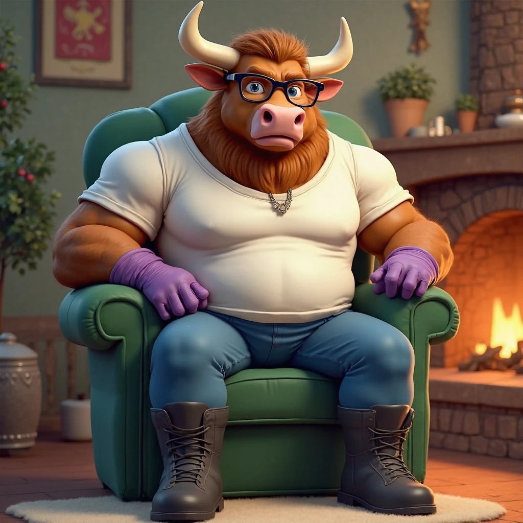 (solo)), male, anthro (bull), ((white briefs, white briefs bulge)), ((sitting on leather couch)), ((large pecs:1.2)), front view, close up, by personalami, by ruardri, by thebigslick, by kenket, hairy, ((cozy house, living room, wood paneling, family picture on wall, taxidermy on wall, window, sunny, detailed background)), bottomless, unbuttoned shirt, thick thighs, hooves, slightly chubby, daddy, dilf, belly, older male, mature male, elderly anthro, horns, wrinkles, white pubic hair, wide hips, leaking cum, gay, trucker hat, glasses, sweat, white stubble, black and white fur, thick fur, detailed fur texture, holding beer can, tired, upturned eyebrows
