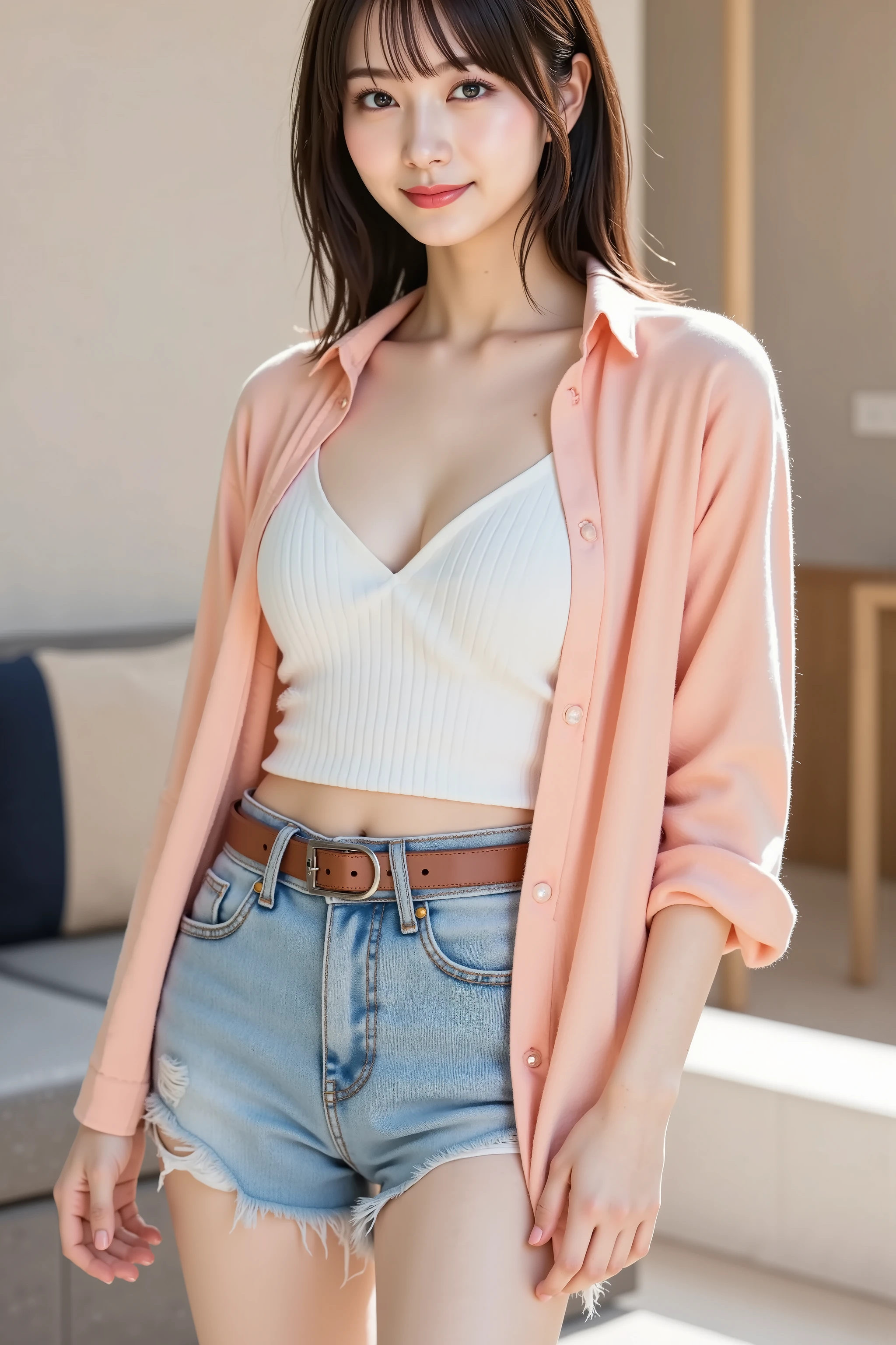 firm breast, by adjusting the framing so the subject's full head is visible within the composition, a highly detailed and realistic digital illustration of a female character in a stylized military-inspired fantasy outfit, A realistic photograph of a young woman shown from just below the shoulders, with her full head completely within the frame. She is wearing a casual summer outfit featuring a light coral-pink button-up shirt made of semi-sheer, lightweight fabric. The shirt is unbuttoned and worn loosely over a fitted white ribbed knit tank top. The tank top has a deep V-neckline and is tucked into a pair of high-waisted, light-washed denim shorts with a frayed hem. A brown leather belt with a silver buckle secures the shorts at the waist, adding structure to the relaxed look. The background is a minimalistic indoor setting with a neutral-toned wall in soft beige, a light wood or laminate floor, and a modern sofa partially visible on the side, decorated with a dark blue and light gray throw cushion. The lighting is soft and diffused, suggesting natural daylight from a nearby window, casting gentle shadows and enhancing the texture of the fabrics and surfaces. The overall mood is calm, clean, and comfortably stylish.