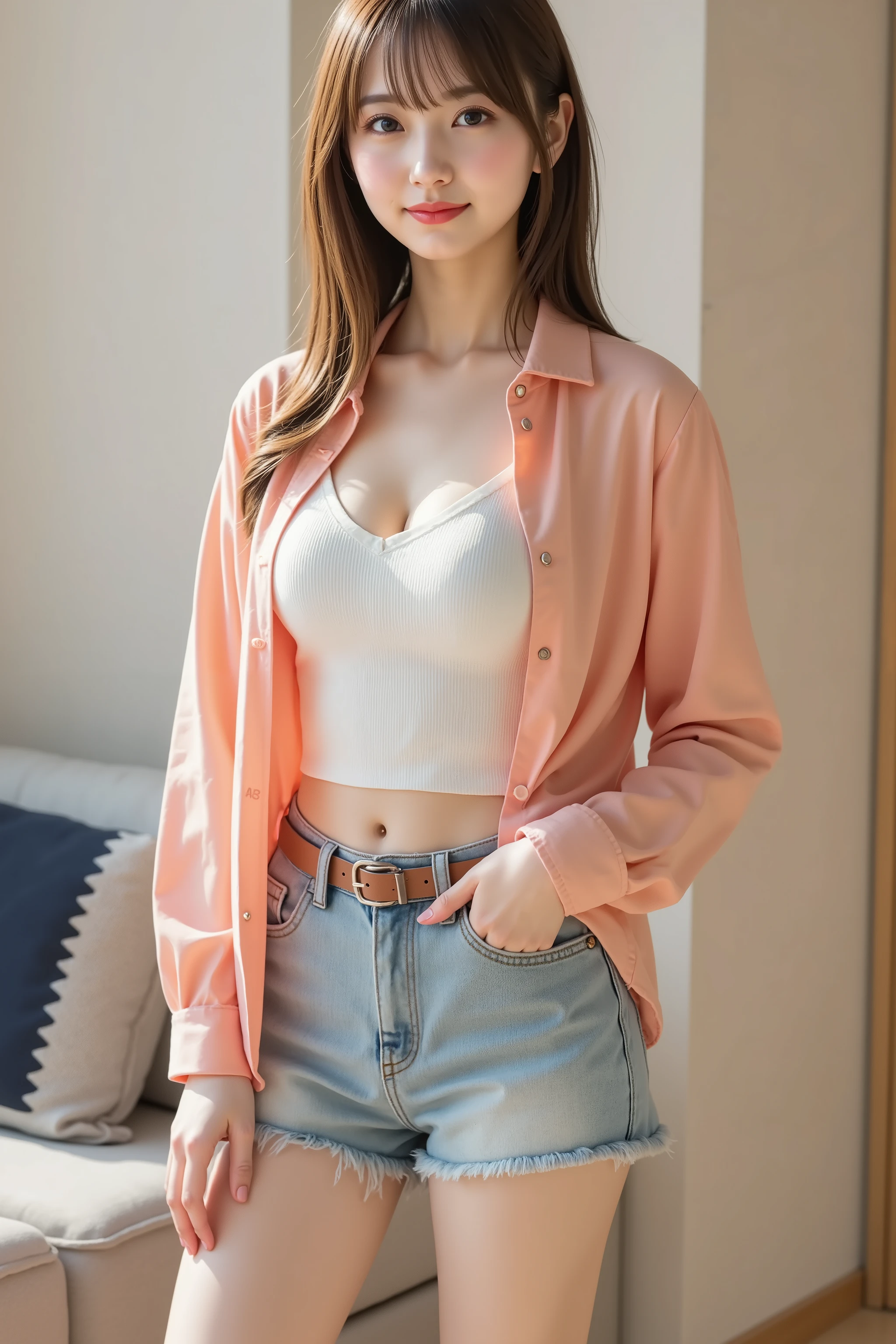 firm breast, by adjusting the framing so the subject's full head is visible within the composition, a highly detailed and realistic digital illustration of a female character in a stylized military-inspired fantasy outfit, A realistic photograph of a young woman shown from just below the shoulders, with her full head completely within the frame. She is wearing a casual summer outfit featuring a light coral-pink button-up shirt made of semi-sheer, lightweight fabric. The shirt is unbuttoned and worn loosely over a fitted white ribbed knit tank top. The tank top has a deep V-neckline and is tucked into a pair of high-waisted, light-washed denim shorts with a frayed hem. A brown leather belt with a silver buckle secures the shorts at the waist, adding structure to the relaxed look. The background is a minimalistic indoor setting with a neutral-toned wall in soft beige, a light wood or laminate floor, and a modern sofa partially visible on the side, decorated with a dark blue and light gray throw cushion. The lighting is soft and diffused, suggesting natural daylight from a nearby window, casting gentle shadows and enhancing the texture of the fabrics and surfaces. The overall mood is calm, clean, and comfortably stylish.