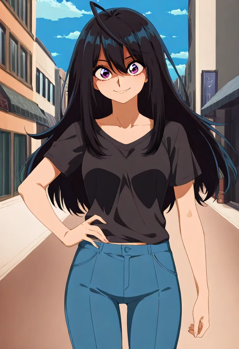 (1girl:1.5),
masterpiece,highest quality,Super detailed,32K,High resolution,an extremely delicate and beautiful,Official Art,Perfect Anatomy,
(Contrasting colors,octane rendering,Fully painted,anime coloring,anime screencap,Cel-shaded anime,retro artstyle:1.1),
perfect face,ultradeTailed eyes,beautiful,sexy,supermodel,athletic body,shiny skin,Dramatic light,(scale to fit the dimensions:1.2),((slightly narrow eyes:1.3)),
yonagi_kei,purple eyes,black hair,long hair,ahoge,black short-sleeved shirt,blue Chino pants,smile,
Shopping Street,