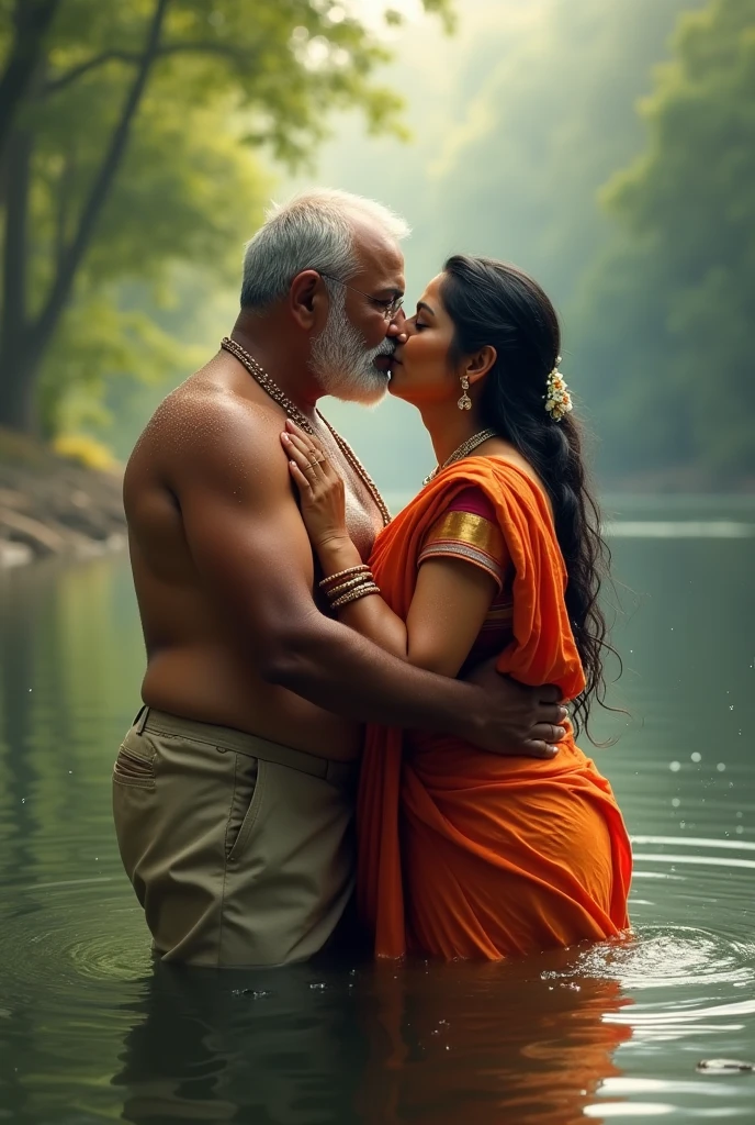 Photo of  Voluptuous Indian Mature Aunty with dusky skin, Wearing low cut Sari blouse showing large Breasts, Standing outside a Mud hut, Turning her head and Kissing a Old Farmer. Wet in rain, Hair tied behind, Indian farm.