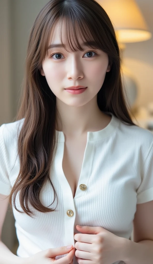 highest quality,masterpiece,ultra high resolution, (realistic:1.4), girl, 18-year-old, (perky chest:1.2), (slim face, slim waist), Charm, look at each other, dynamic shot,break, (black choker), long sleeve, bangs, Blue Contact Lenses, smile, A real lady, ((big breasts))