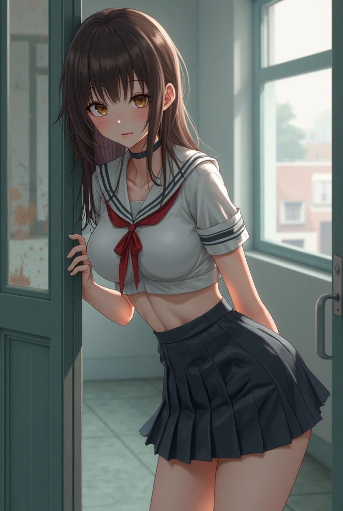 ((masterpiece,Highest quality:1.3,best quality illustration,realistic:1.3)),cowboy shot,独奏,1woman,(18-year-old、Japanese Beauty)、brown hair,long hair,bangs,brown eyes,gorgeous eyes,((very small head:1.3)),crying,Heavy breathing,((very long body:1.2,skinny)),medium breasts,(Red ribbon tie、White collared shirt、Long sleeve navy blue pleated mini skirt),Wet crotch、sweat,gleaming skin,toned body,slender body,(squattin)g,Abandoned house、at night、Tokyo、