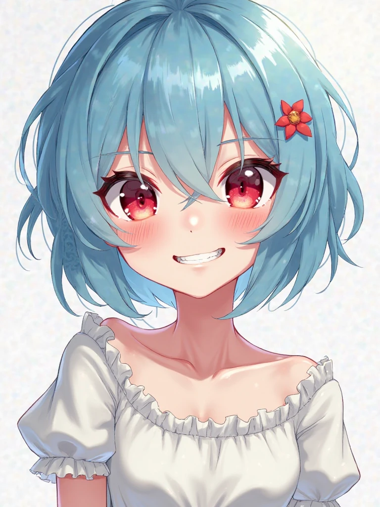 Katsuki Tsubasa, 1girl, (upper body:1.4), blue hair, white hairband, earrings, yellow eyes, large breasts, cleavage, red sweater, off-shoulder sweater, leggings, smile, closed mouth, v arms, leaning forward, looking at viewer, (flower background:1.2), (roses:1.4)