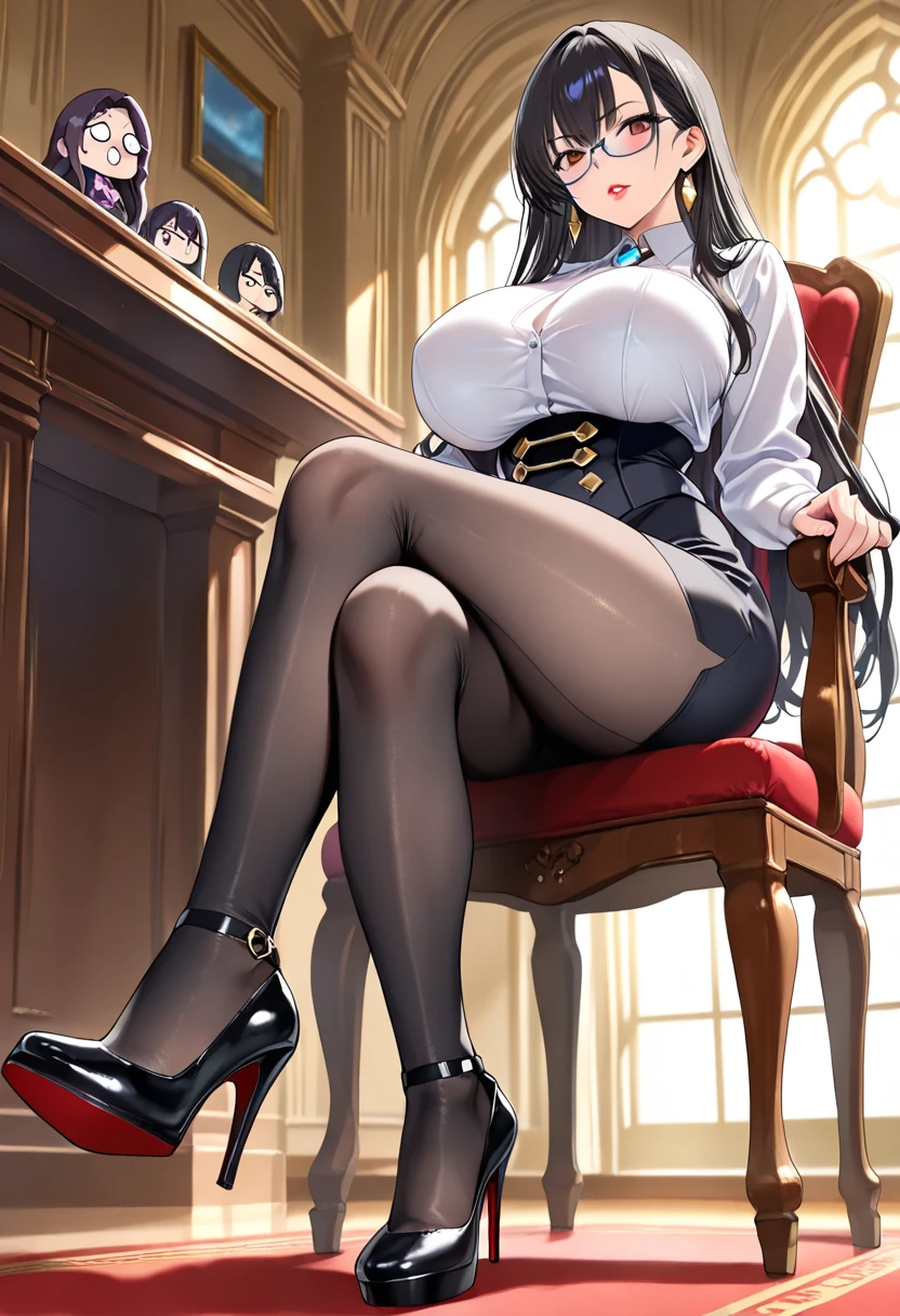 work of art, best qualityer, super detaill, 4K, 1 girl, younger, (female ssBBW, yellow full body dominatrix outfit, very short black skirt:1.1), BBW, gigantic breastss, high-heels, Extremely wide hips:2.0, coxas enormes:2.0, huge calves, excited expression, excitado, (getting excited, leaning against the bar, arms resting, eyes open, panties well visible, Facing me, very well defined eyes (High priority), very well defined pupils(High priority)),(Face close to the viewpoint) , anime style image, add detail