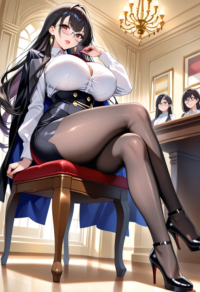 One Woman、beautiful girl, Highest quality, Thick thighs、Big 、Big Ass、Black Hair、long hair、Bangs、Red blazer uniform、Angle from directly below、Intimidating attitude、Angry、classroom、Many students behind、Brush your hair up、bellow、Pleated skirt、Black Pantyhose、Black panties、Walking、Elegant appearance、Gorgeous