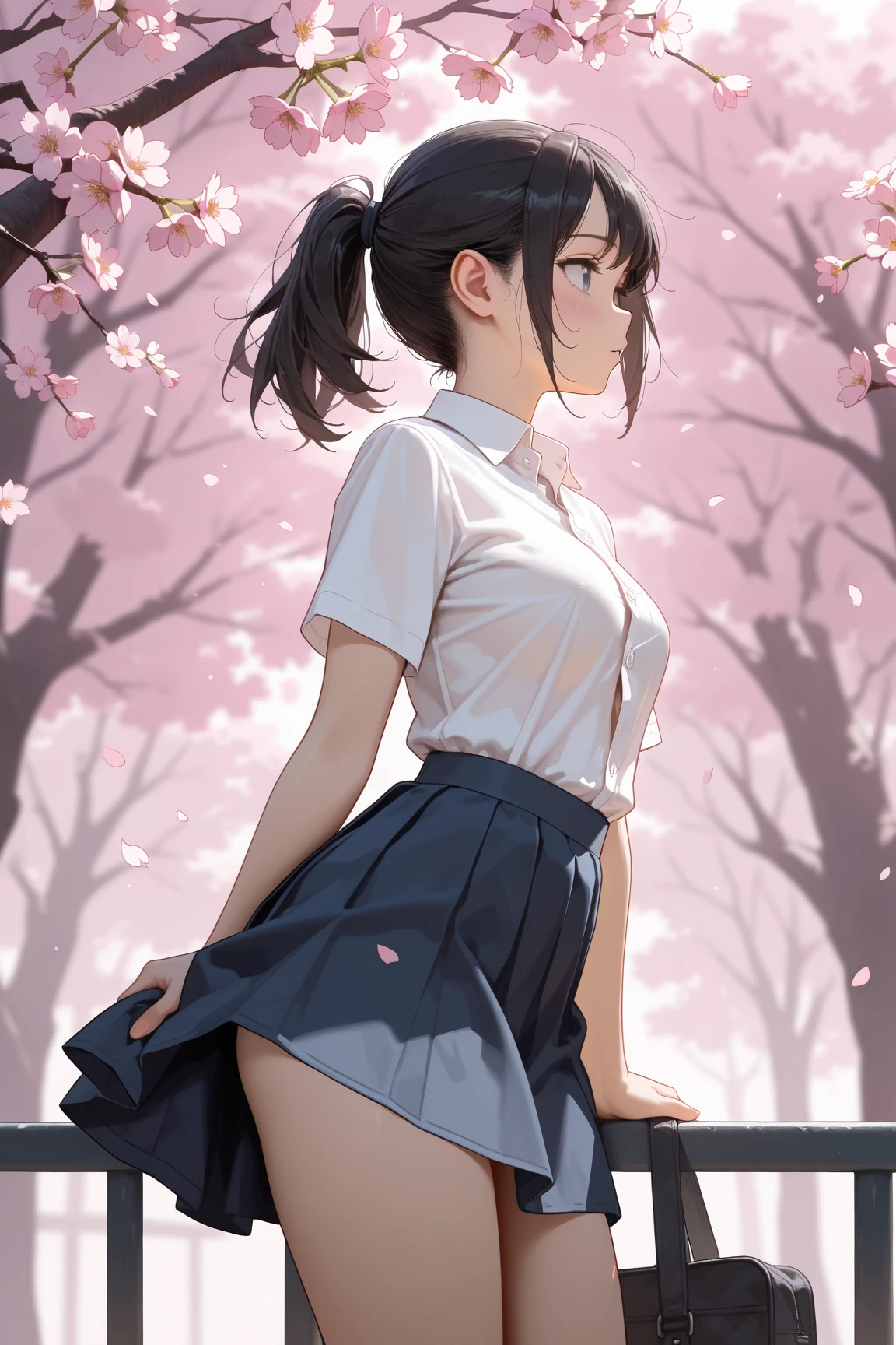 [[anime styled]]、[[digitalart]]、[[wlop]]、College girl in short sleeve white blouse、[[Short Chanel]]hair、[[The cherry tree]]Forest background、murky、Neutral Lighting、[[Little lighting]]、The wind blows and the skirt flips up, Glimpses of underwear、Underwear can see through、posterior view、Enlarge the buttocks、Looking up from the ground