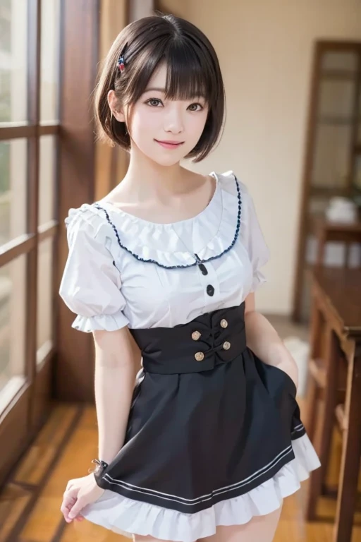 Cute,extremely delicate and beautiful girl,Happy smiling face, Black skirt, long skirt,high waist skirt,high-necked,Sleeveless,bob cuts,long boots,ultra hyper-detailed, 4K, masutepiece,Smile,Small mouth,white shirt,Skirts that show the body line,Long skirt,th all of fours,big breasts,