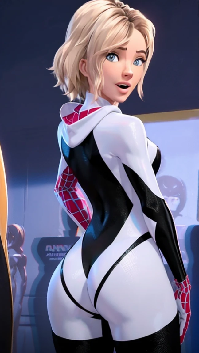 Realistic, realismo, fotorrealismoo, photo-realistic, alto contraste, (fotorrealista:1.4), (figura feminina perfeita), 8k high definition detailed realistic, (best quality, master part:1.2), photon maping, radiosidade, Physically-based rendering, best quality, altamente detalhado, 1girl, ao ar livre, Capuz, cumming, orgasm, small messy hair)))), ((blushing)) 1girl, Sgwen. Solo, full body photo, standing, looking at viewer, great hair, blue eyes, blonde hair, parted lips, teeth, medium breast, bedroom, realistic, eyebrow piercing, all fours, stand sexy pose, sexy hips, ((erotic)), (goddess), planturous body, spider gwen suit