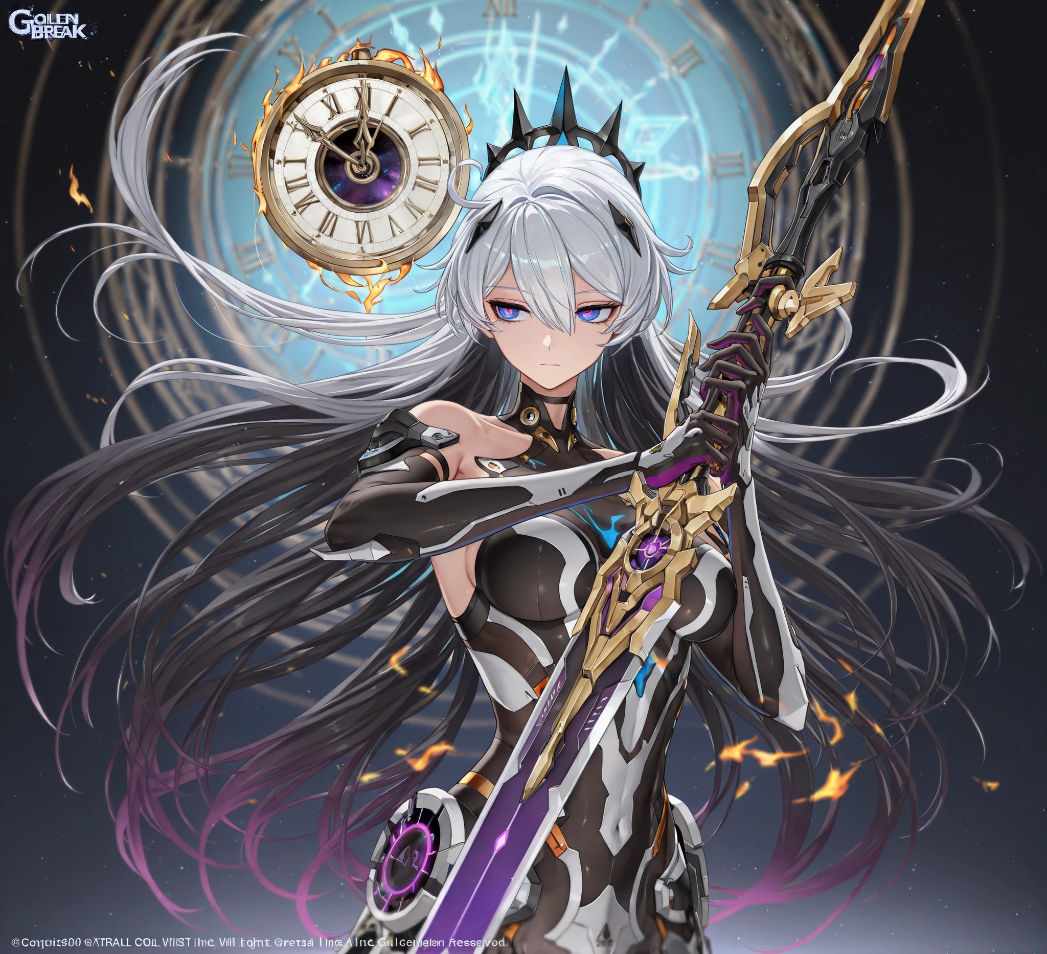 masterpiece, best quality, amazing quality, very aesthetic, high resolution, ultra-detailed, absurdres, (hands:-0.33),
1girl, solo, (quarter shot, upper body shot:1.19), (KianaHi3, Fol005, Kia_Hof:0.22), narrow eyes, expressionless, (white hair:0.86), very long hair, (gradient hair, multicolored hair, black hair:1.13), two-tone hair, ,blue eyes, purple eyes, cosmic eyes, kiana kaslana, bright eyes, tsurime, w1rfram3, protoexcal, golden flames, golden sword, crystal clock symbol, divine
BREAK, depth of field, volumetric lighting
