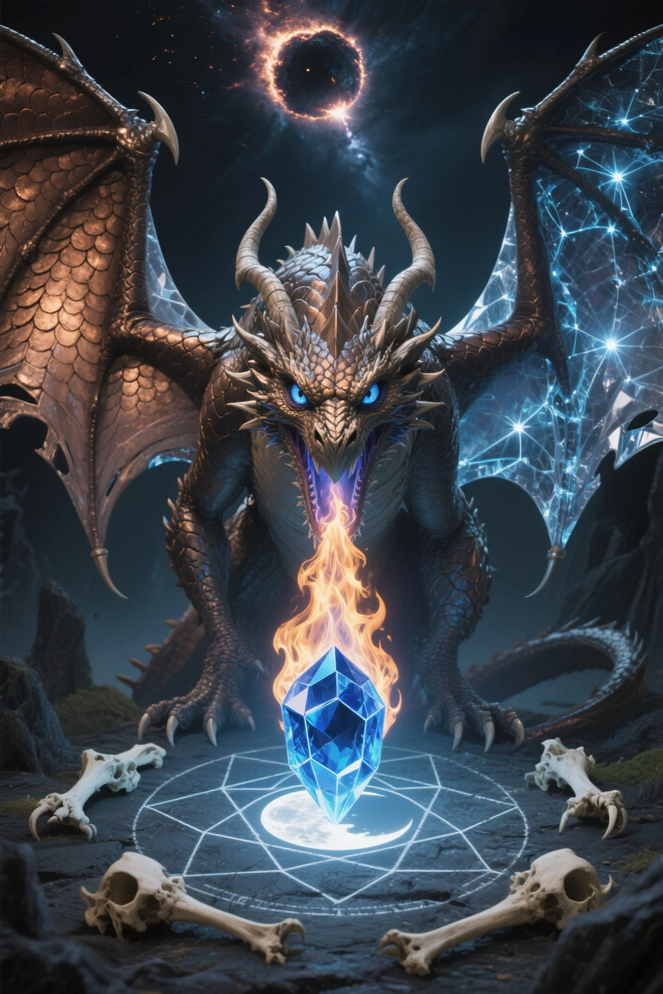 (lighting magic spell effects:3.5),Masterpiece,Best Quality,Hyper Detailed,Cinematic Light,Intricate Detail,Highres,Official Art,Finely Detailed,High Resolution Illustration,8k,Lens Flare,Light Particles,Dark Intense Shadows,Particles,Detailed Background,Detailed Glow,Detailed Reflection,Detailed,Surrealism, drop shadow, anaglyph, stereogram, tachi-e, pov, atmospheric perspective, 8k, super detail, ccurate, best quality,With glow horns、a red skull, dragon portrait, By Rostlan, Benedict Barna, Morel, (((gold jewelry))), (The pupil is composed of a moon-shaped image.:1.8), Miracle, Dark atmosphere, Black Forest, ((Neon glowing)), ((Blue Arc)),dragon features,Dragon skull,Jewelry accessories,diffraction spikes,Vivid colors、Bokeh、portrait、landscape、fear、cartoon、Sci-fi fi,photography,Concept Artist,Steel Claws,Steel Fangs,word graffiti,Blue Arc Link,Metal chain,