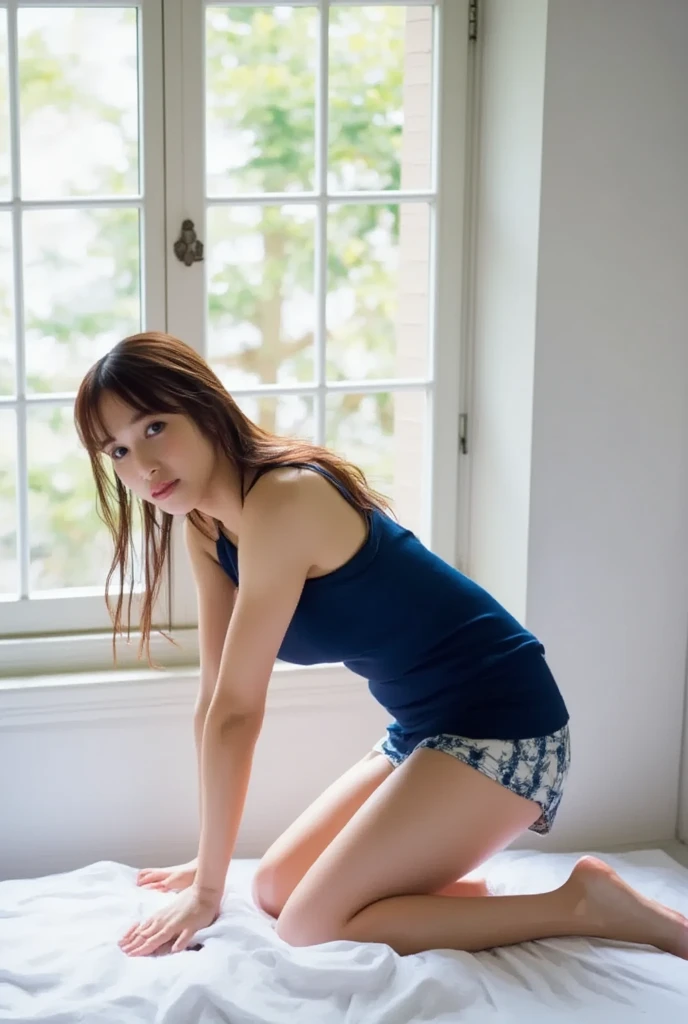Sit down、Knees up、With legs apart、Japanese girl、Not wearing underwear、Not wearing pants、Tape is applied to the area、