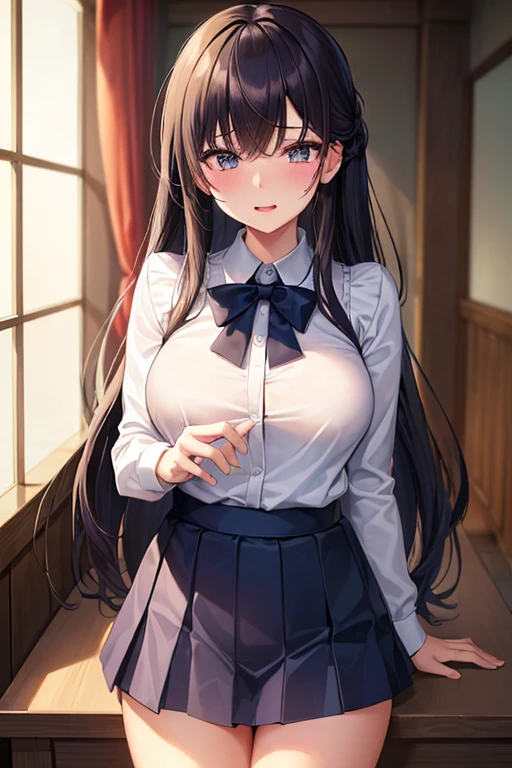 masutepiece、Best Quality、(Sheer white shirt:1.2)、(erectile nipple:1.2)、Huge breasts、校服、Dark blue pleated skirt、The path to school、a smile、Long black hair、Aimei、