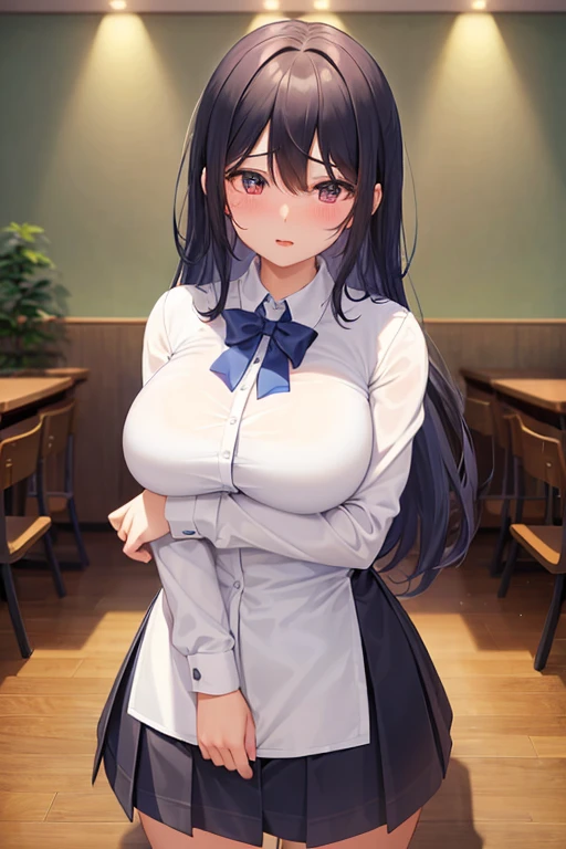 Italian girl, 25 years old, very long loose black hair, super mega gigantic breasts, unbuttoned white shirt, black lace bra, black pleated miniskirt, elegant shoes, slave collar, breasts tied together, thin, school classroom
