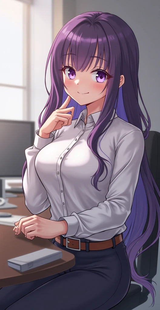 MidzuiVTXL, yellow eyes, purple hair, (braided on the right side:1.2), glasses, white shirt, (black skirt:1.2), standing, looking at viewer, indoors