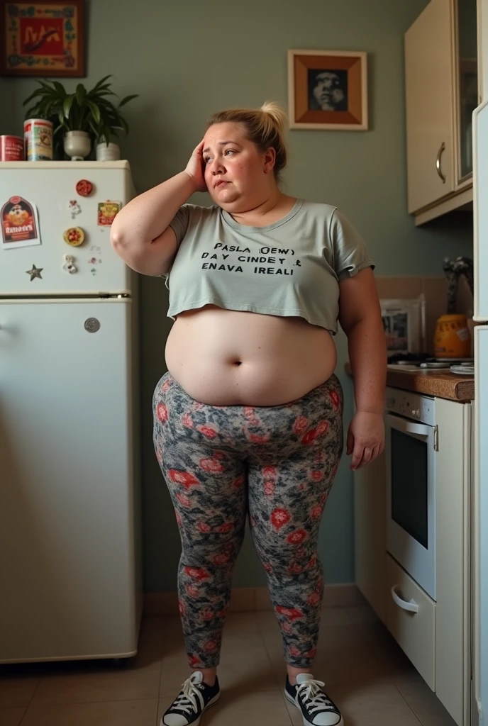 A muffin-baking photo of a middle-aged beautiful bottom heavy tradwife redhead ssbbw with pear-bodyhape, extreme wide hips, with short ginger hair soft fat belly, extremely wide fat obese hips, very very obese legs, thick fat wide legs and fat arms, huge wide butt, cute pretty face, small breasts, blue eyes, freckles, in a long cooking apron in a kitchen, makeing lot ot muffins